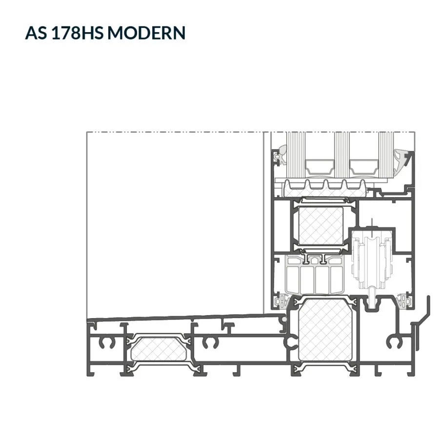 Przekrój przez drzwi przesuwne na poziomie posadzki