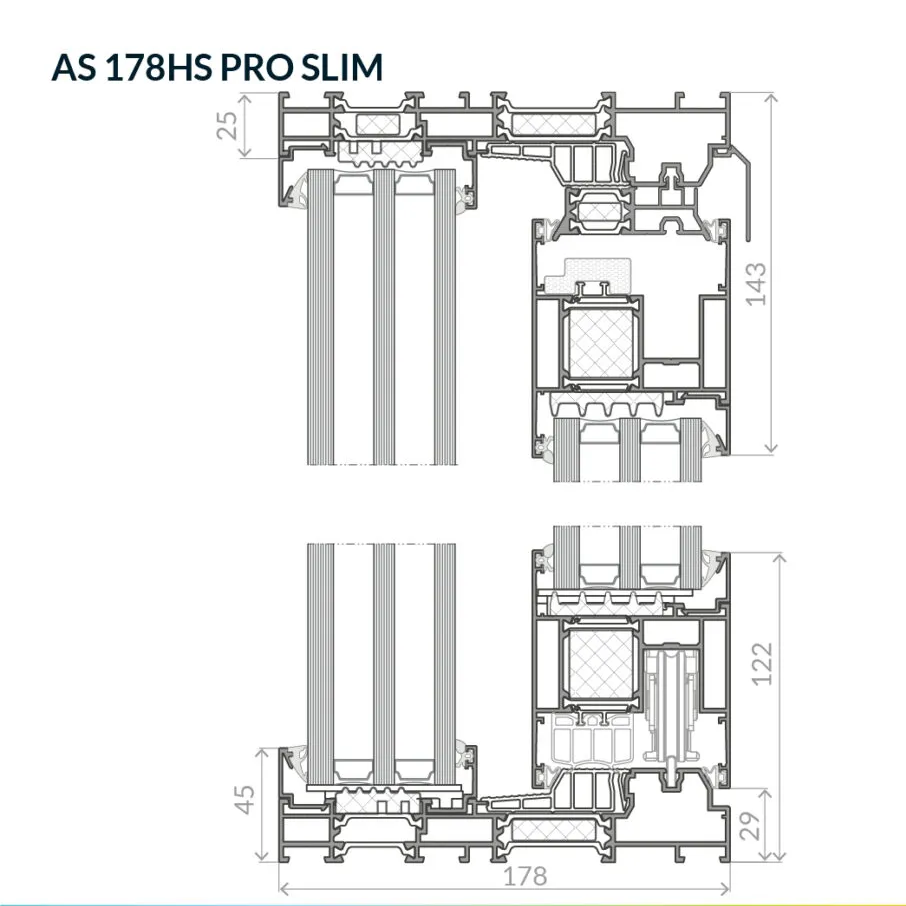 Przekrój pionowy – rama ze szkleniem stałym (rowek okuciowy 42 mm)